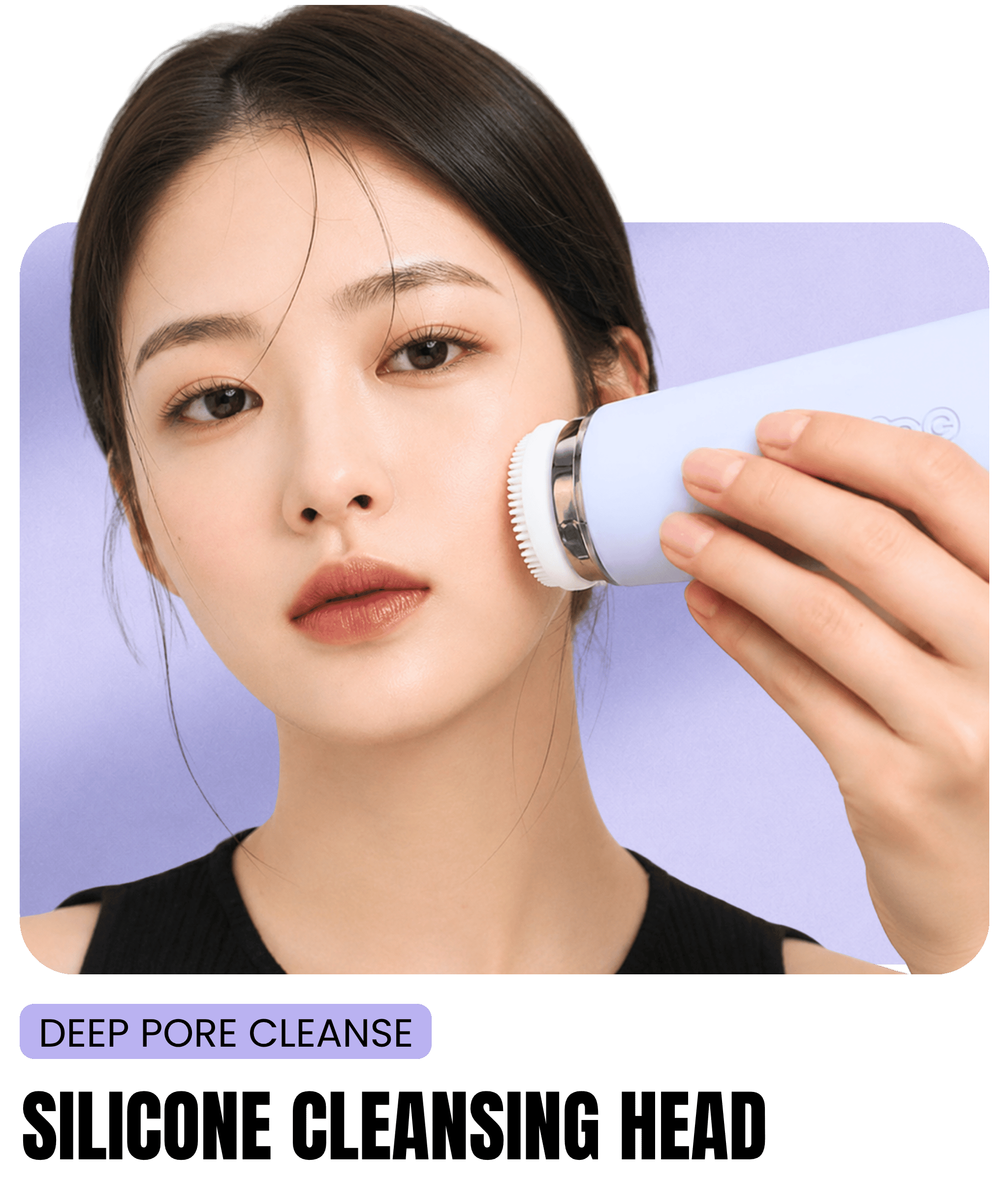Woman using the NIOLOV Glowand silicone cleansing head on her cheek for a deep pore cleanse