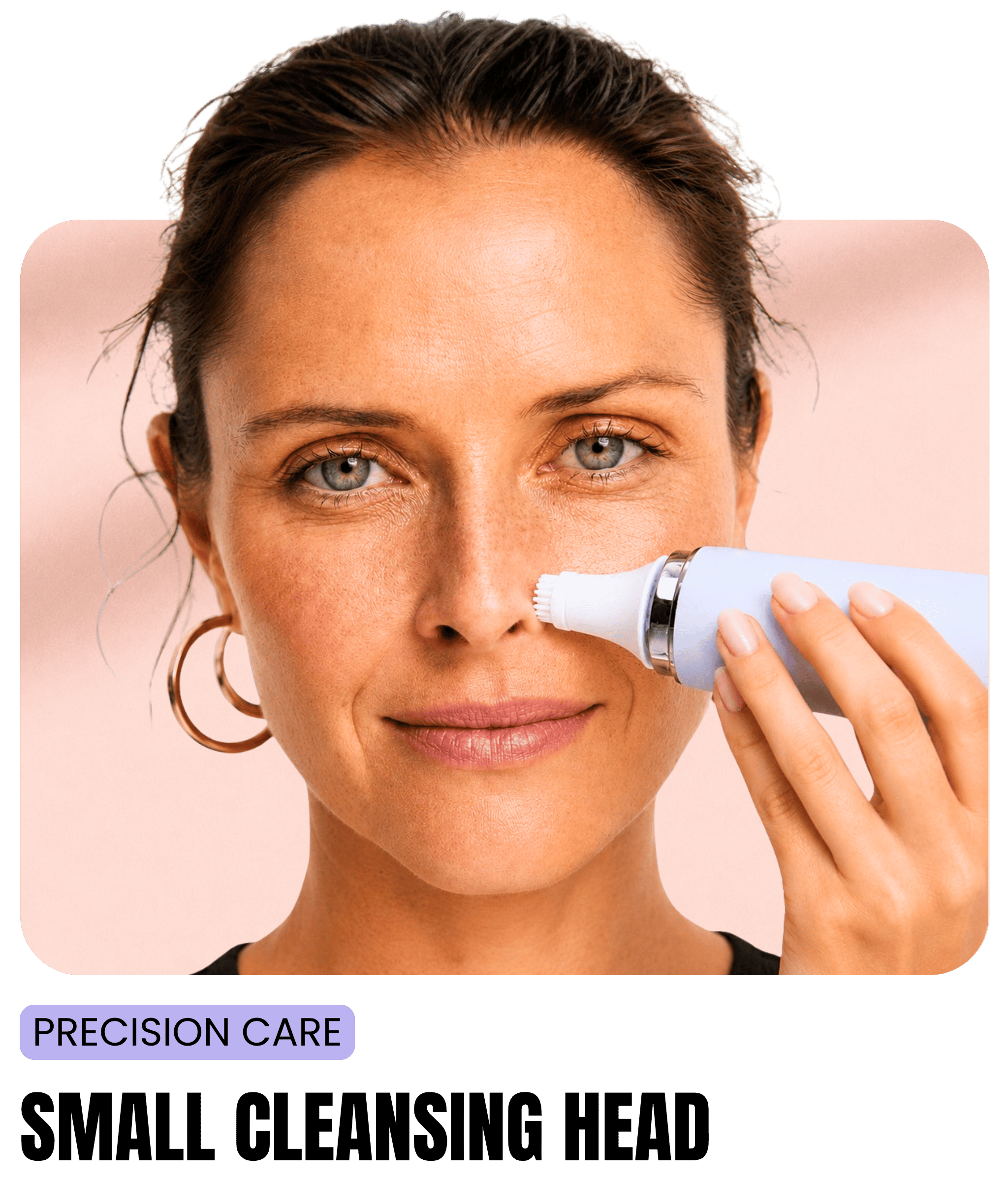 Woman using the NIOLOV Glowand precision cleansing head around the nose for targeted pore cleansing