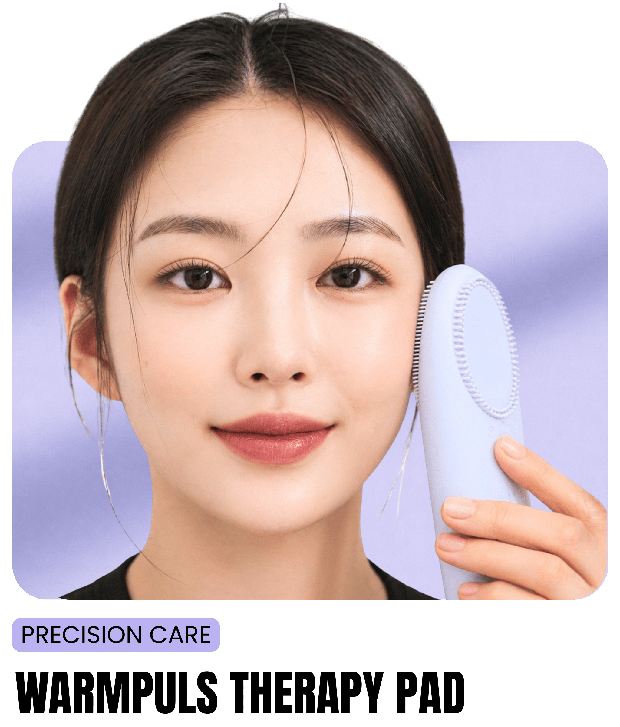 Woman using the NIOLOV Glowand silicone cleansing pad on her cheek for gentle facial cleansing